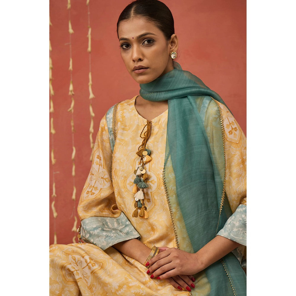 Shivani Bhargava Yellow Manjari Mughal Jaal Long Kurta with Pant and Dupatta (Set of 3)