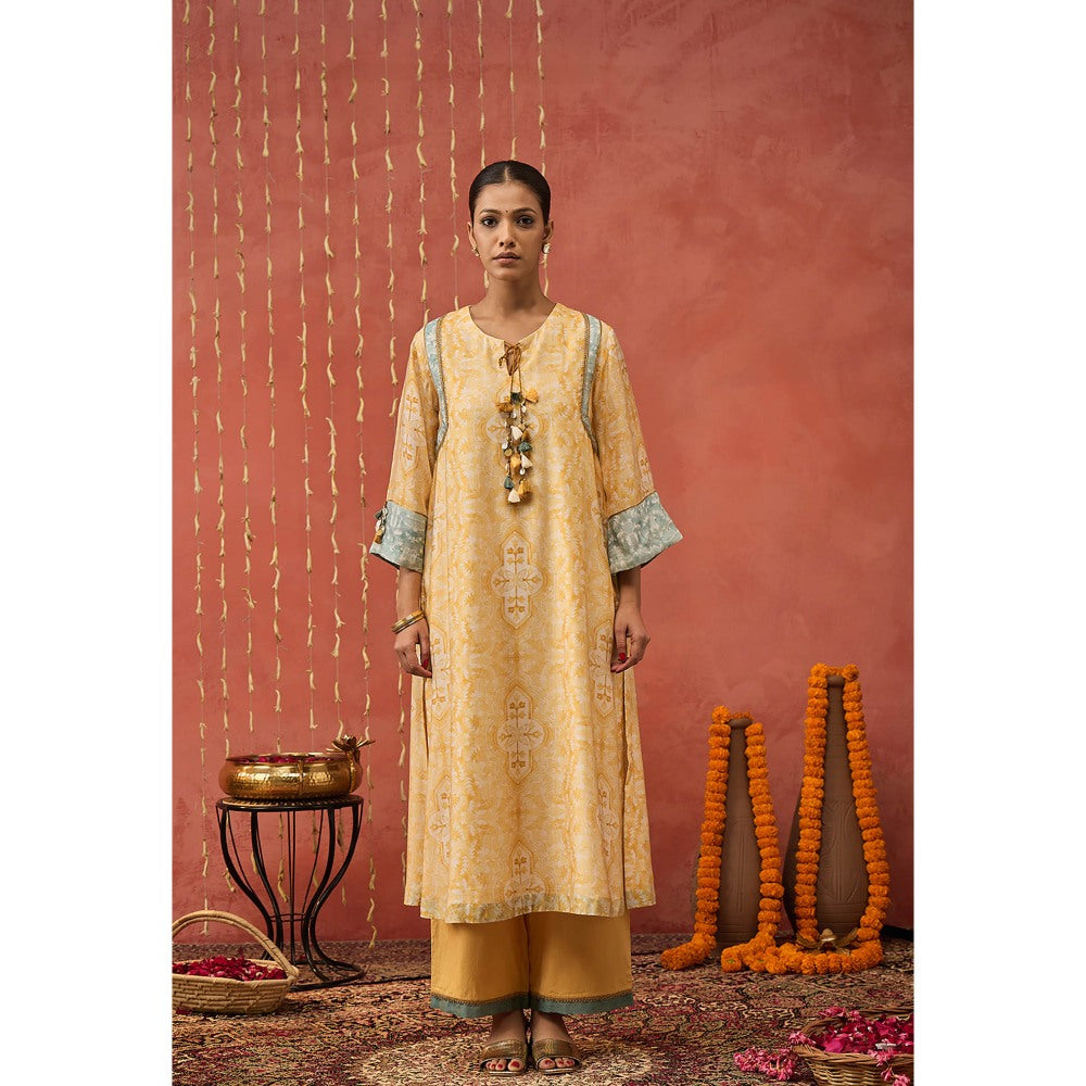 Shivani Bhargava Yellow Manjari Mughal Jaal Long Kurta with Pant and Dupatta (Set of 3)