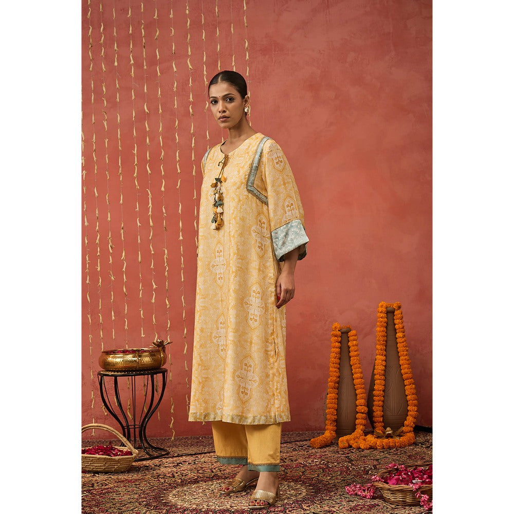 Shivani Bhargava Yellow Manjari Mughal Jaal Long Kurta with Pant and Dupatta (Set of 3)