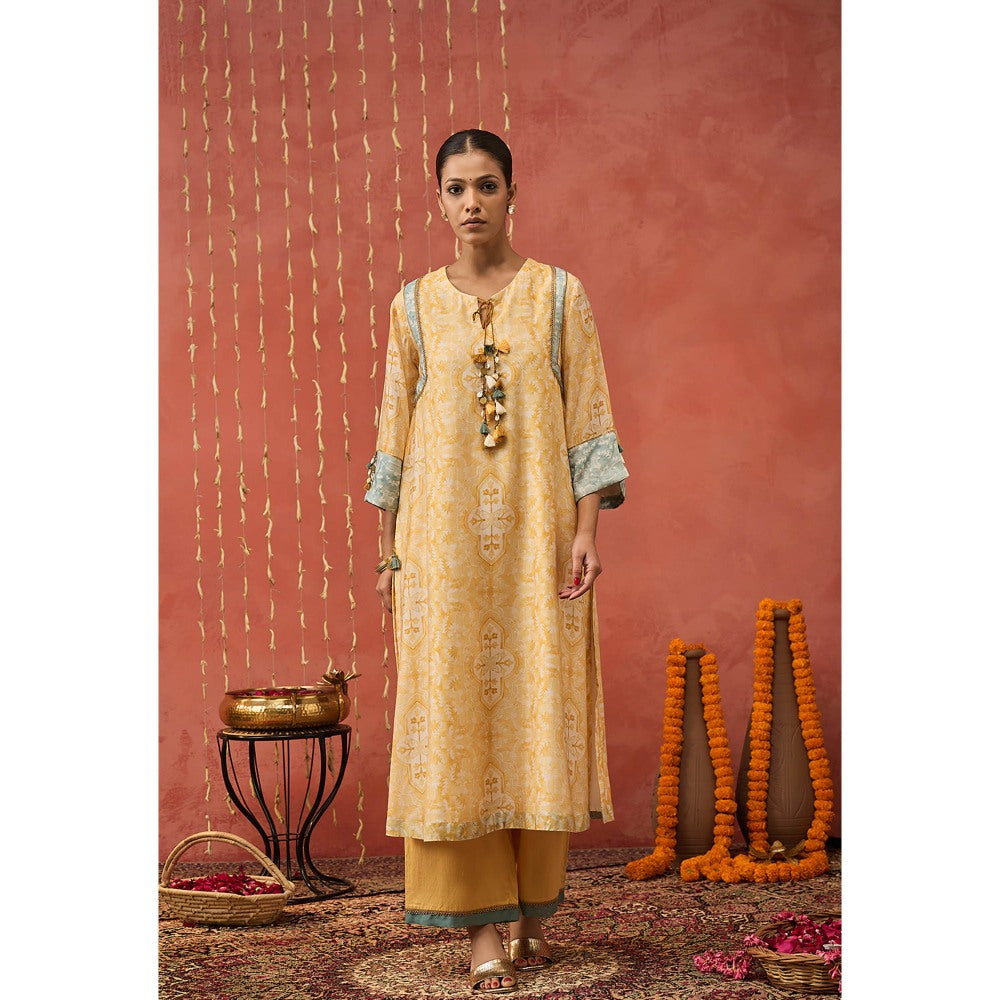 Shivani Bhargava Yellow Manjari Mughal Jaal Long Kurta with Pant and Dupatta (Set of 3)