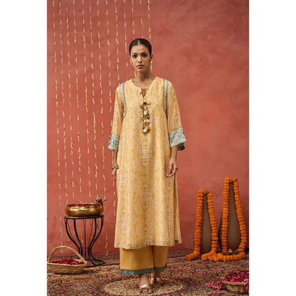 Shivani Bhargava Yellow Manjari Mughal Jaal Long Kurta with Pant and Dupatta (Set of 3)