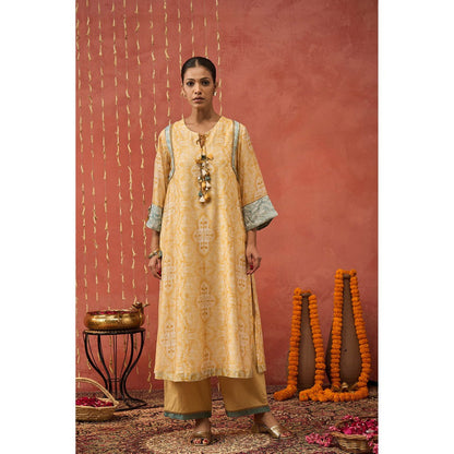 Shivani Bhargava Yellow Manjari Mughal Jaal Long Kurta with Pant and Dupatta (Set of 3)