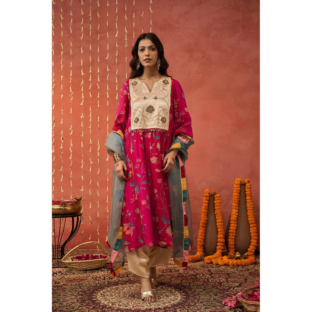 Shivani Bhargava Shree Pink Chintz Chanderi Floral Kurta with Pant and Dupatta (Set of 3)