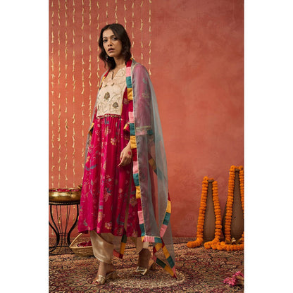 Shivani Bhargava Shree Pink Chintz Chanderi Floral Kurta with Pant and Dupatta (Set of 3)