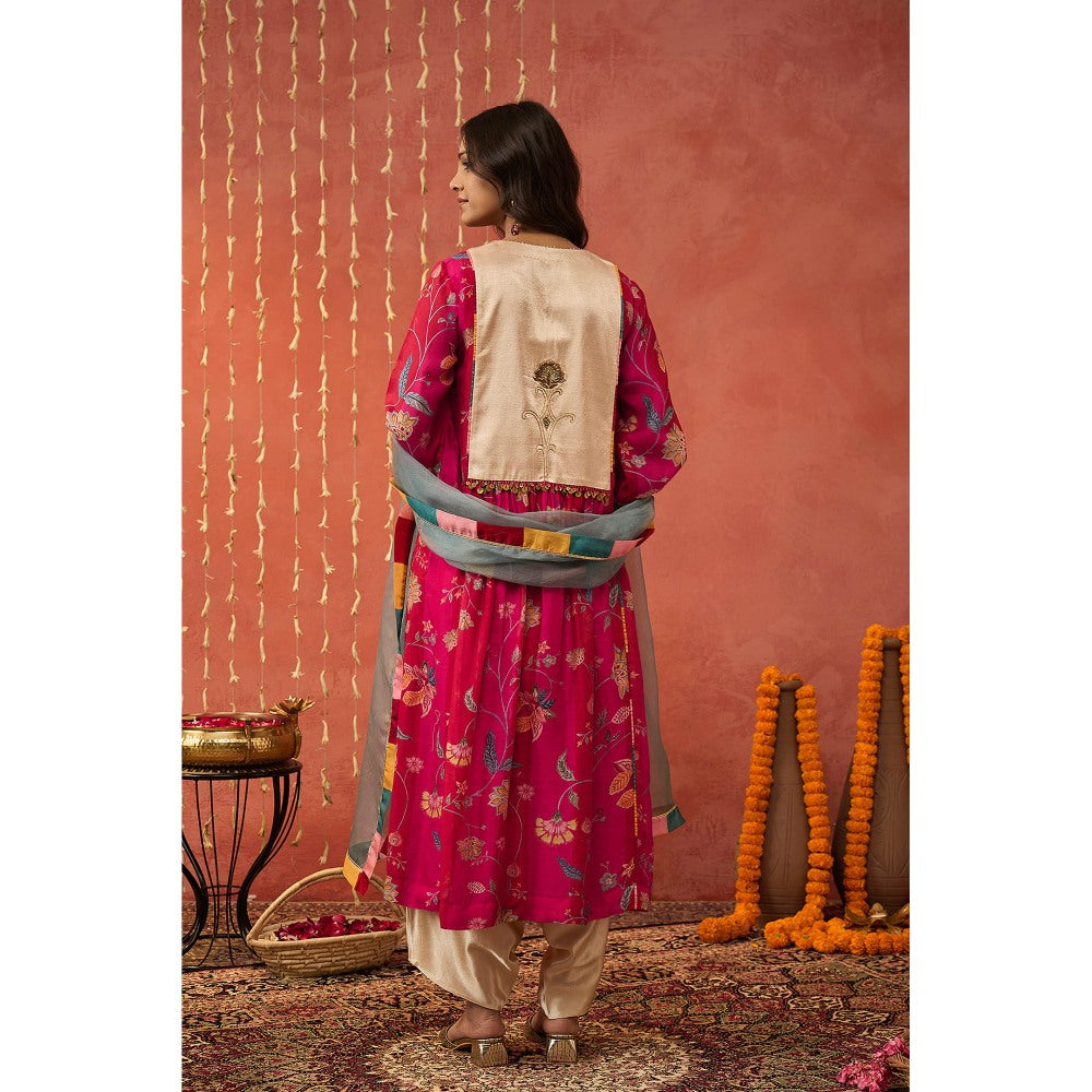 Shivani Bhargava Shree Pink Chintz Chanderi Floral Kurta with Pant and Dupatta (Set of 3)