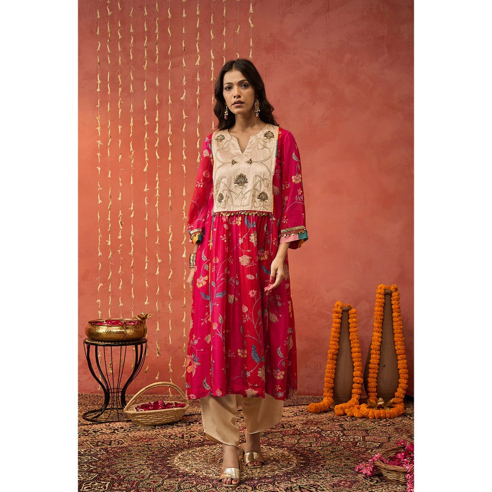 Shivani Bhargava Shree Pink Chintz Chanderi Floral Kurta with Pant and Dupatta (Set of 3)