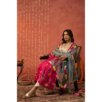 Shivani Bhargava Shree Pink Chintz Chanderi Floral Kurta with Pant and Dupatta (Set of 3)