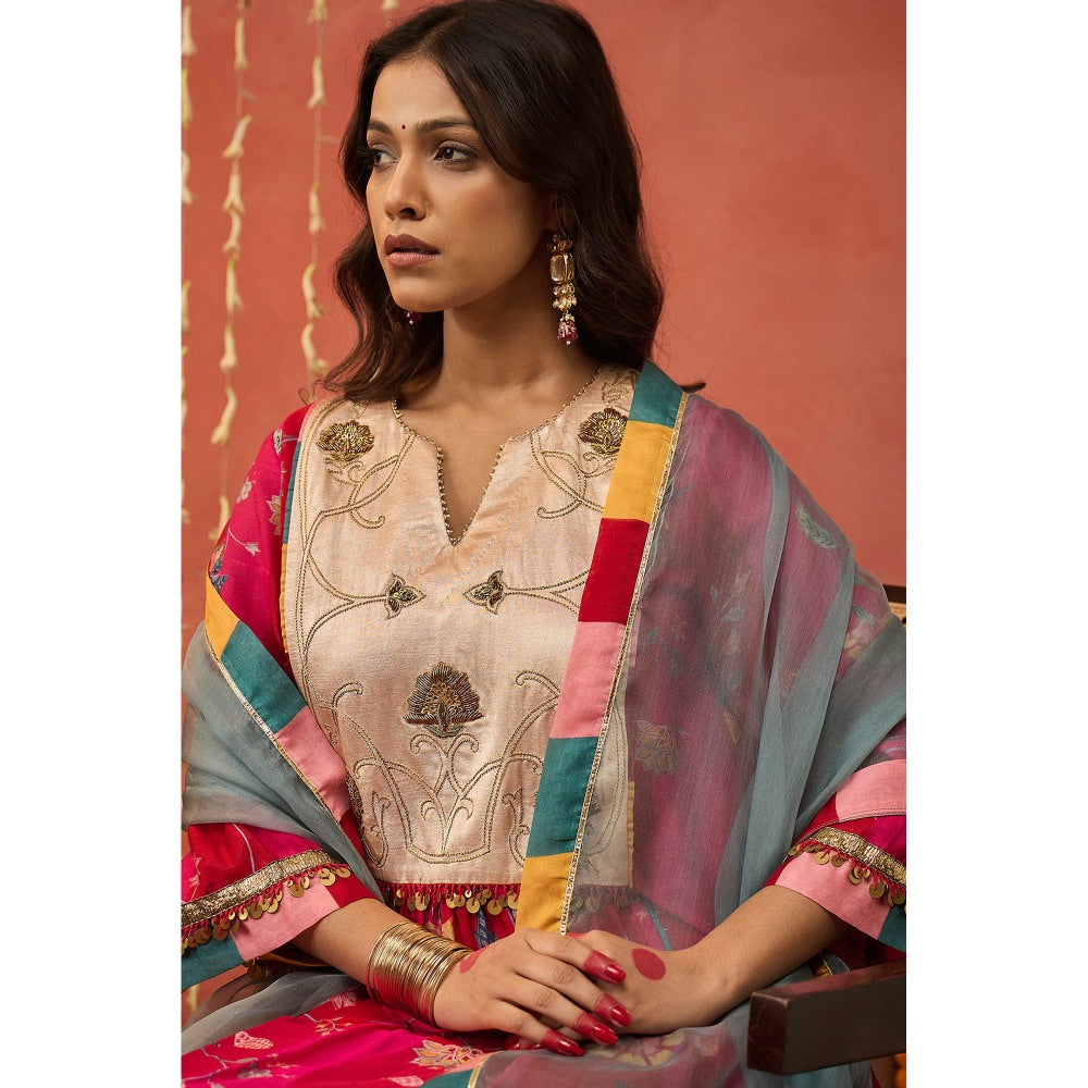 Shivani Bhargava Shree Pink Chintz Chanderi Floral Kurta with Pant and Dupatta (Set of 3)