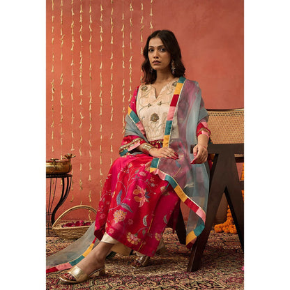 Shivani Bhargava Shree Pink Chintz Chanderi Floral Kurta with Pant and Dupatta (Set of 3)