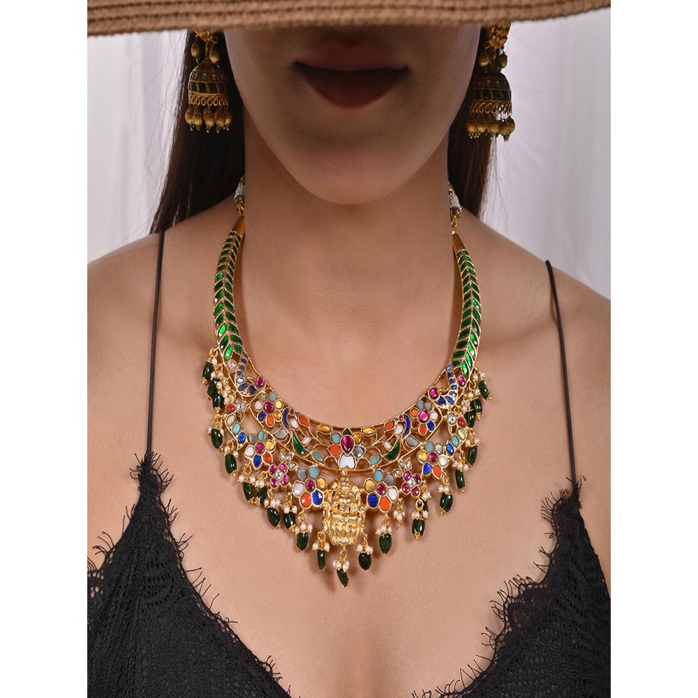 Shlok Jewels Katyayani Navrattan Gold Plated Temple Necklace Set