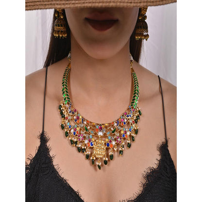 Shlok Jewels Katyayani Navrattan Gold Plated Temple Necklace Set