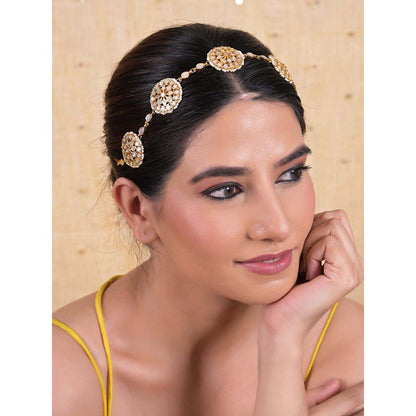 Shlok Jewels Women White 18K Gold Plated Kundan Pearl Mathapatti