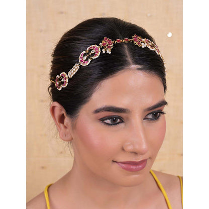 Shlok Jewels Women Pink 18K Gold Plated Jadau Kundan Mathapatti