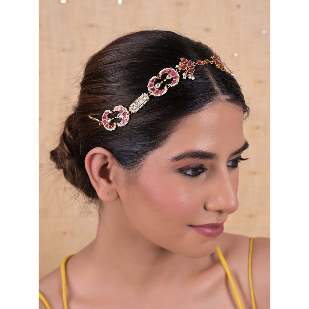 Shlok Jewels Women Pink 18K Gold Plated Jadau Kundan Mathapatti