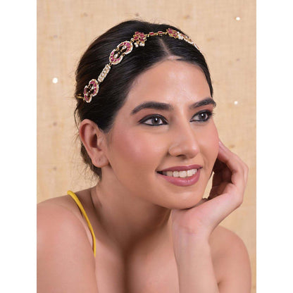 Shlok Jewels Women Pink 18K Gold Plated Jadau Kundan Mathapatti