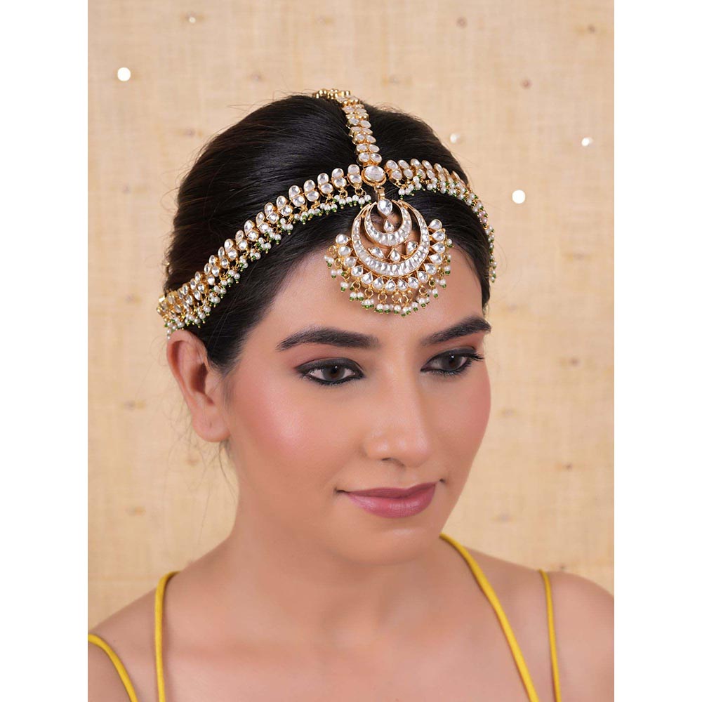 Shlok Jewels Women White 18K Gold Plated Jadau Kundan Mathapatti