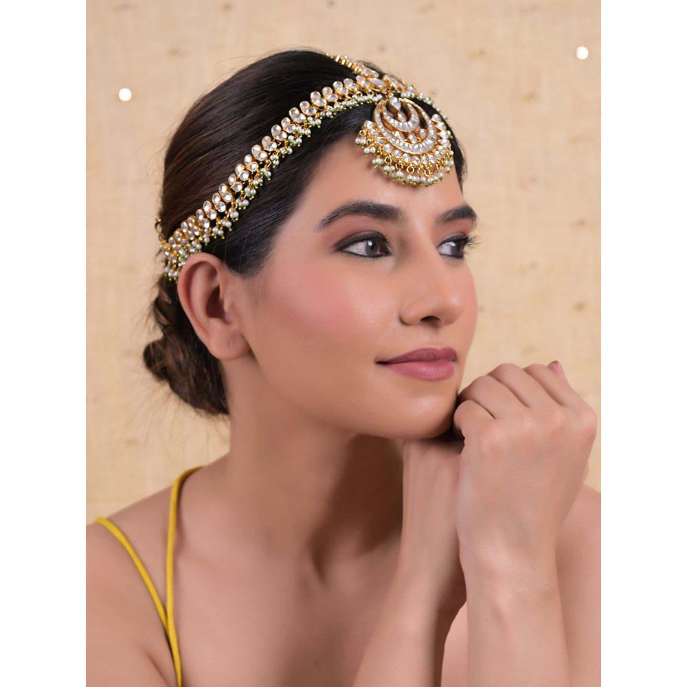 Shlok Jewels Women White 18K Gold Plated Jadau Kundan Mathapatti
