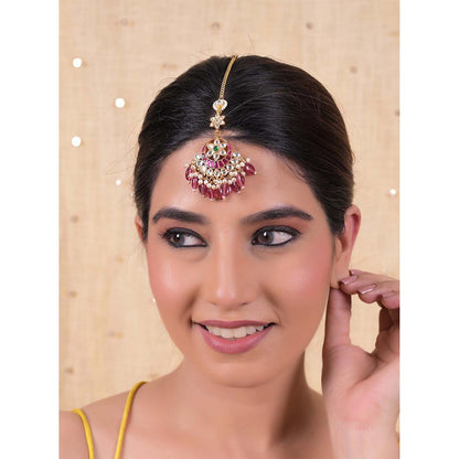 Shlok Jewels Women Multi-Color 18K Gold Plated Jadau Kundan Maangtikka