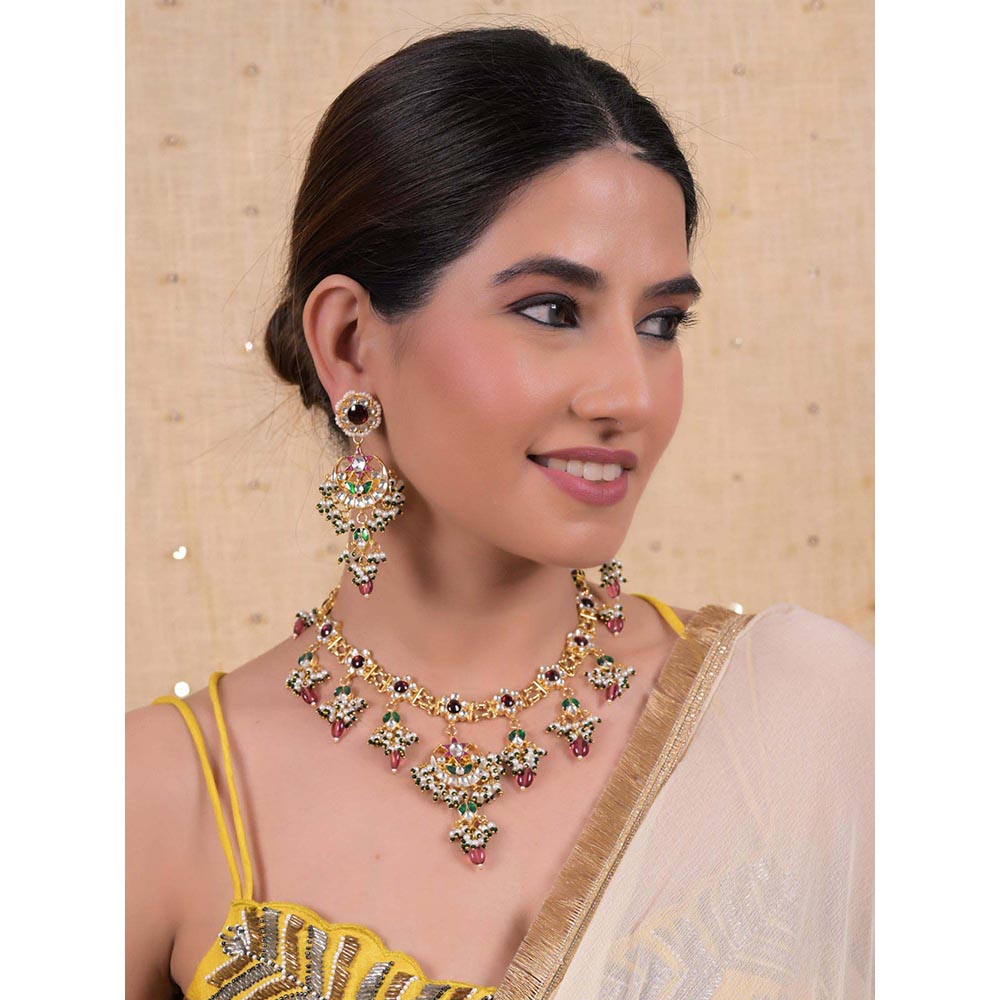 Shlok Jewels Women Multi-Color 18K Gold Plated Jadau Kundan Necklace Set
