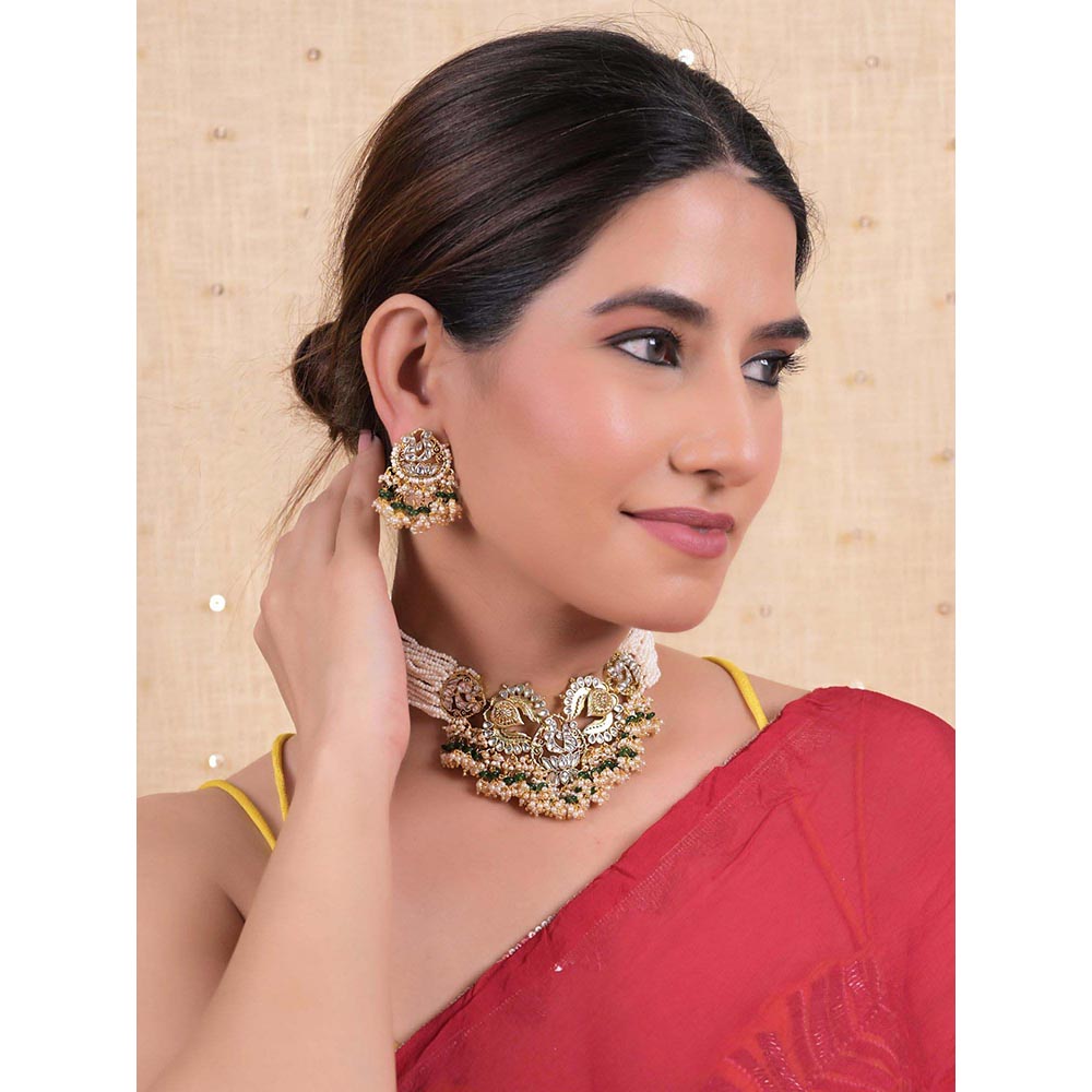 Shlok Jewels Women Green 18K Gold Plated Pearl Jadau Kundan Choker Set