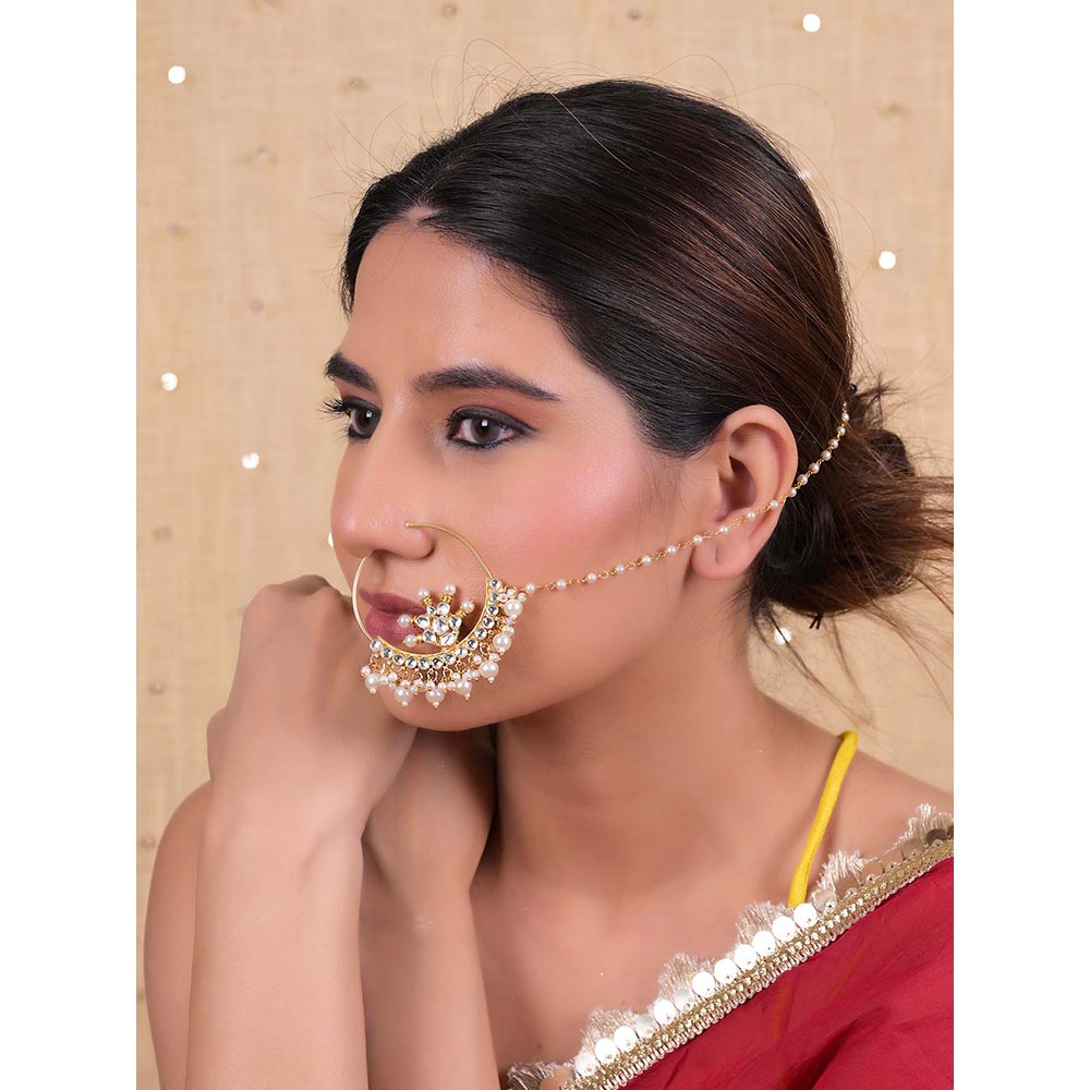 Shlok Jewels Women White 18K Gold Plated Pearl Kundan Nose Ring
