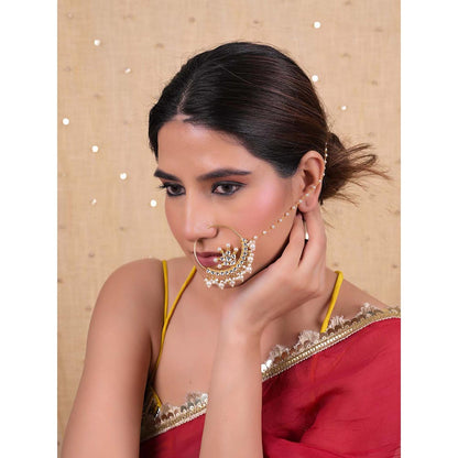 Shlok Jewels Women White 18K Gold Plated Pearl Kundan Nose Ring