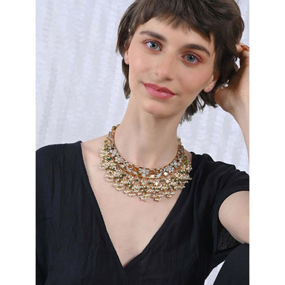 Shlok Jewels Women Green and White 18K Gold Plated Pearl Necklace Set