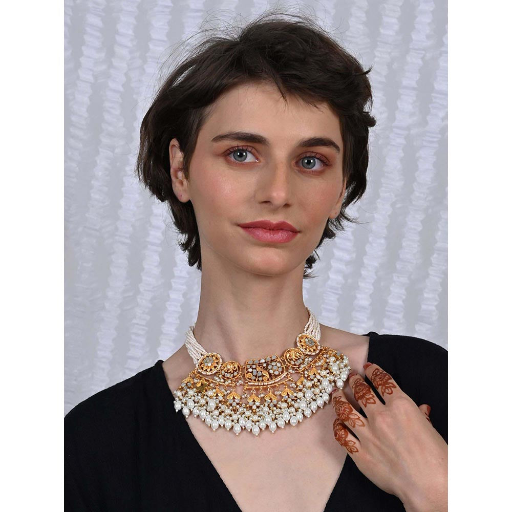 Shlok Jewels Women White 18K Gold Pearl Necklace Set