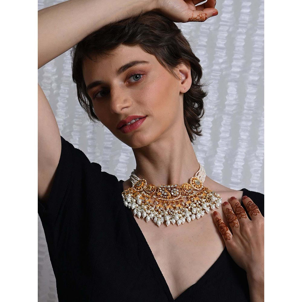 Shlok Jewels Women White 18K Gold Pearl Necklace Set