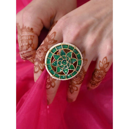 Shlok Jewels Women Green 18K Gold Plated Jadau Kundan Ring
