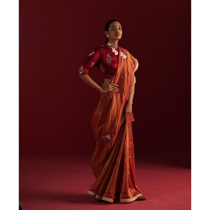 SHORSHE Saree in Red Handloom Tissue with applique work without Blouse