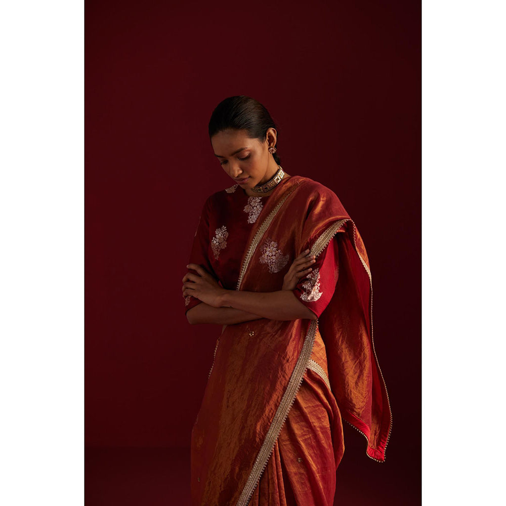 SHORSHE Saree in Red Handloom Tissue with applique work without Blouse