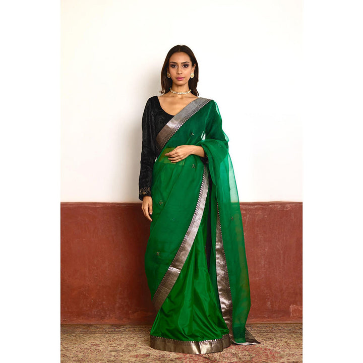 SHORSHE Green Silk Organza Saree with black brocade without Blouse