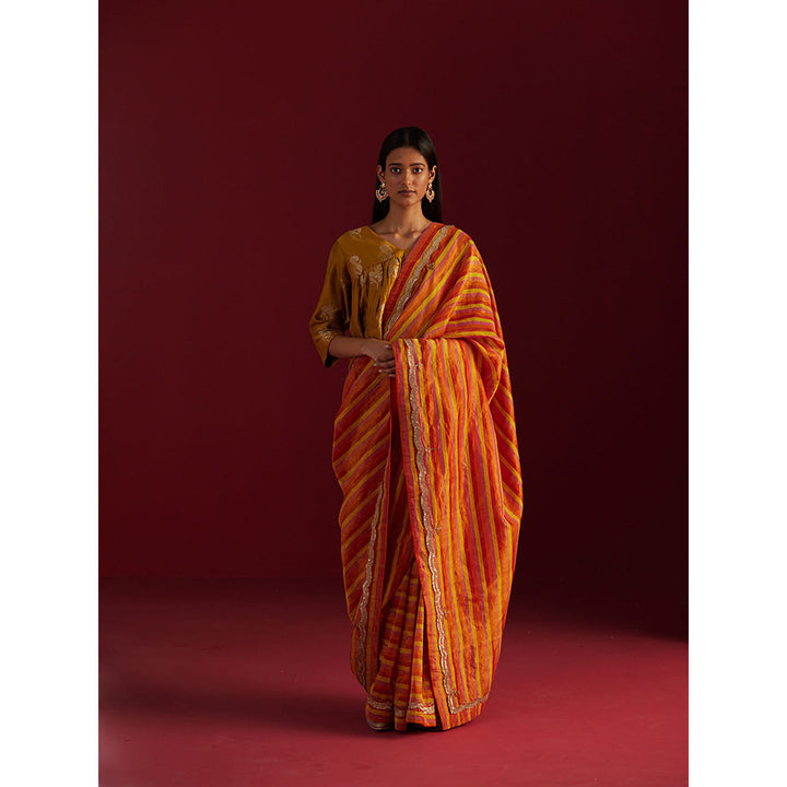 SHORSHE Red Zoya Yellow Stripes Saree without Blouse