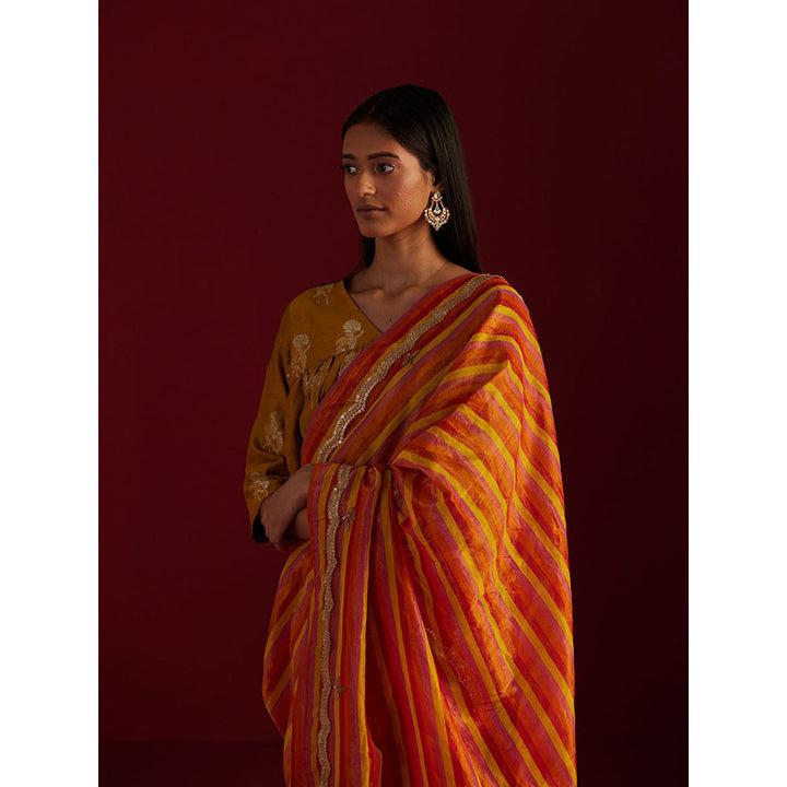 SHORSHE Red Zoya Yellow Stripes Saree without Blouse