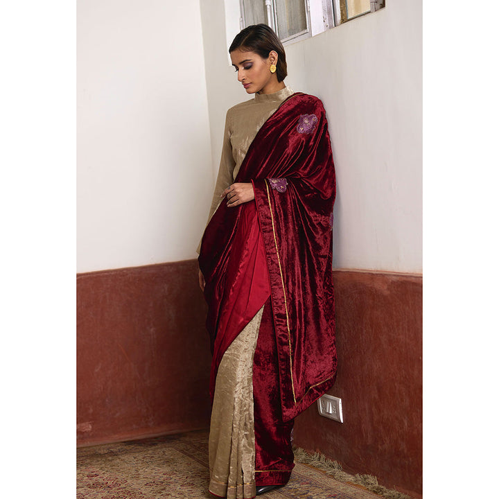 SHORSHE Red And Champagne Grey Tissue Saree without Blouse