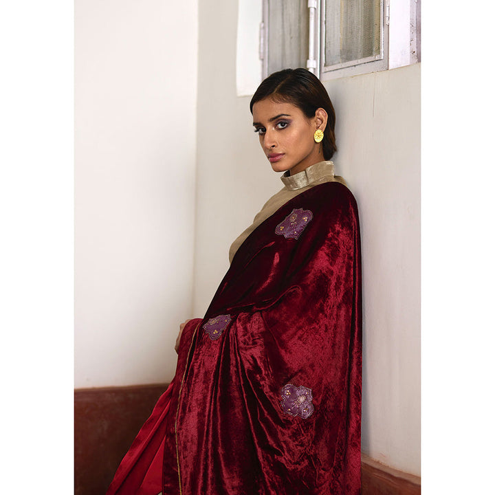 SHORSHE Red And Champagne Grey Tissue Saree without Blouse