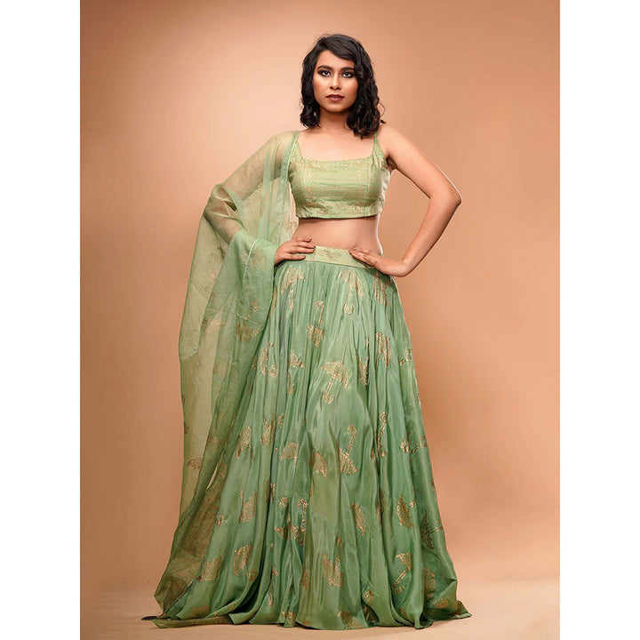 Shruti S Green Umbrella Print Lehenga (Set of 3)