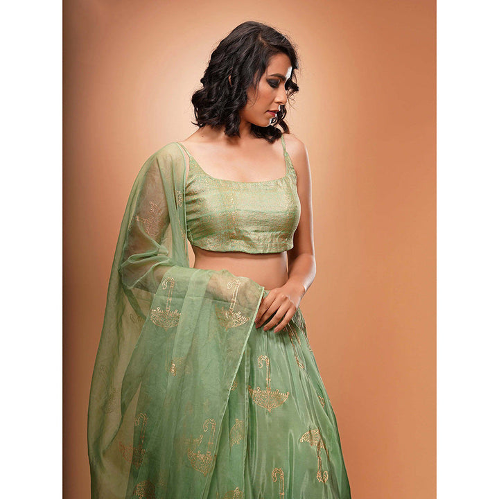 Shruti S Green Umbrella Print Lehenga (Set of 3)