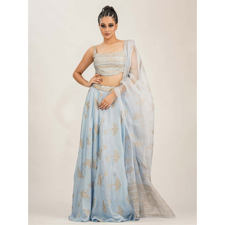 Shruti S Blue Umbrella Print Lehenga (Set of 3)