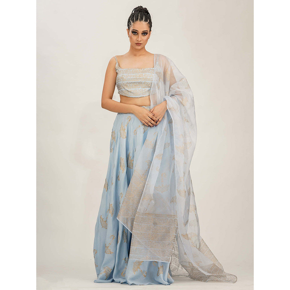 Shruti S Blue Umbrella Print Lehenga (Set of 3)