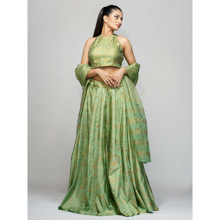 Shruti S Green Metallic Hand Block Lehenga (Set of 3)