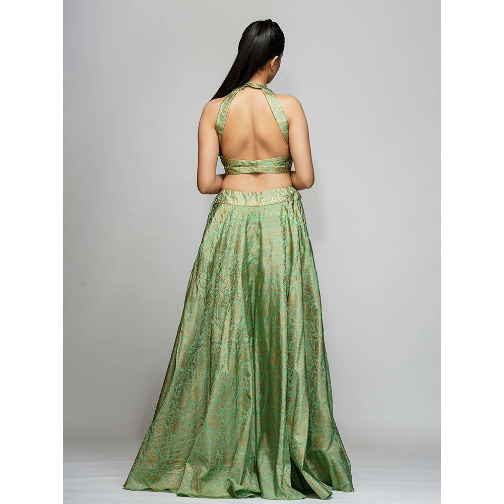 Shruti S Green Metallic Hand Block Lehenga (Set of 3)