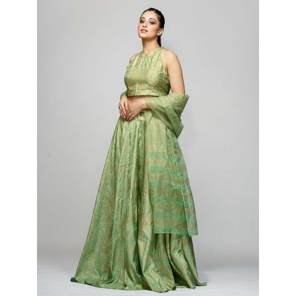 Shruti S Green Metallic Hand Block Lehenga (Set of 3)