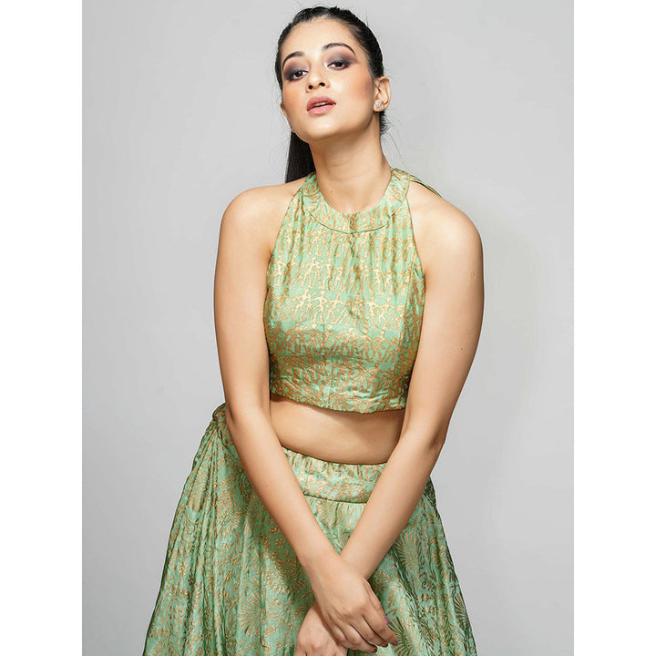 Shruti S Green Metallic Hand Block Lehenga (Set of 3)