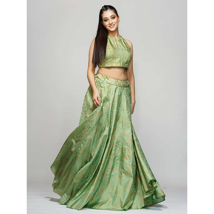 Shruti S Green Metallic Hand Block Lehenga (Set of 3)