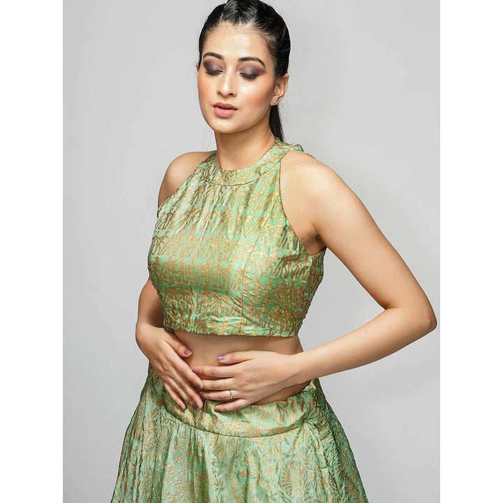 Shruti S Green Metallic Hand Block Lehenga (Set of 3)