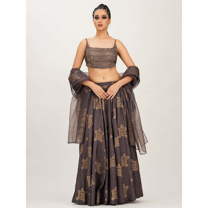 Shruti S Purple Metallic Hand Painted Lehenga (Set of 3)