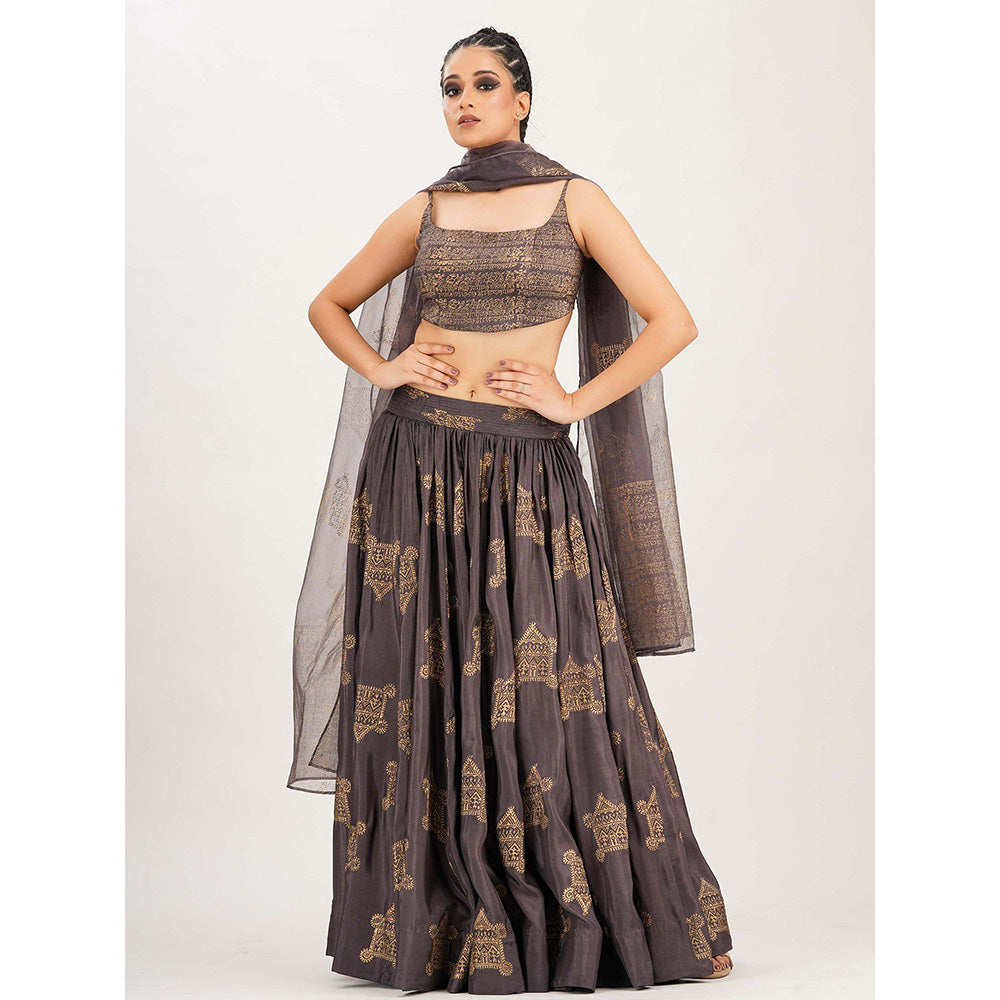 Shruti S Purple Metallic Hand Painted Lehenga (Set of 3)