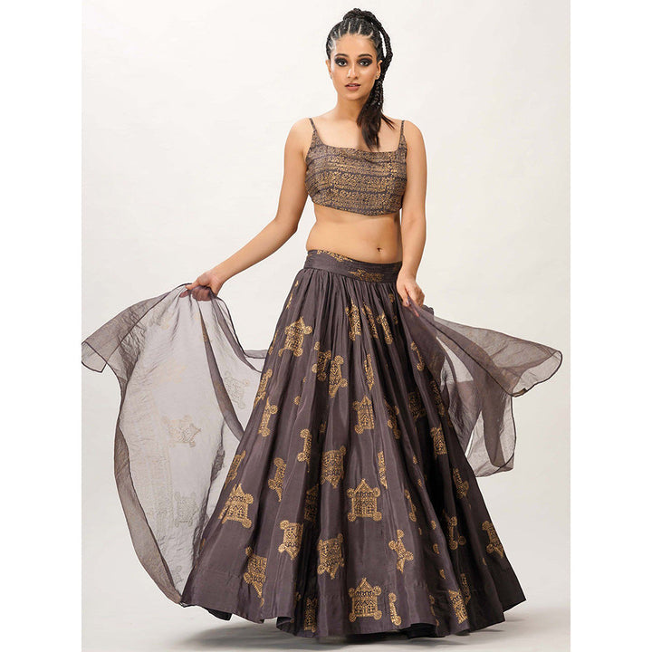 Shruti S Purple Metallic Hand Painted Lehenga (Set of 3)